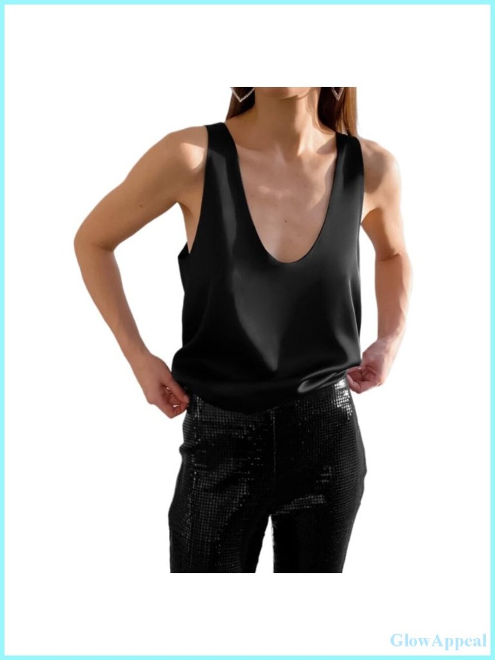 Silk Satin Tank Top Deep V Neck Sleeveless Cami Loose Fit Summer Blouse
